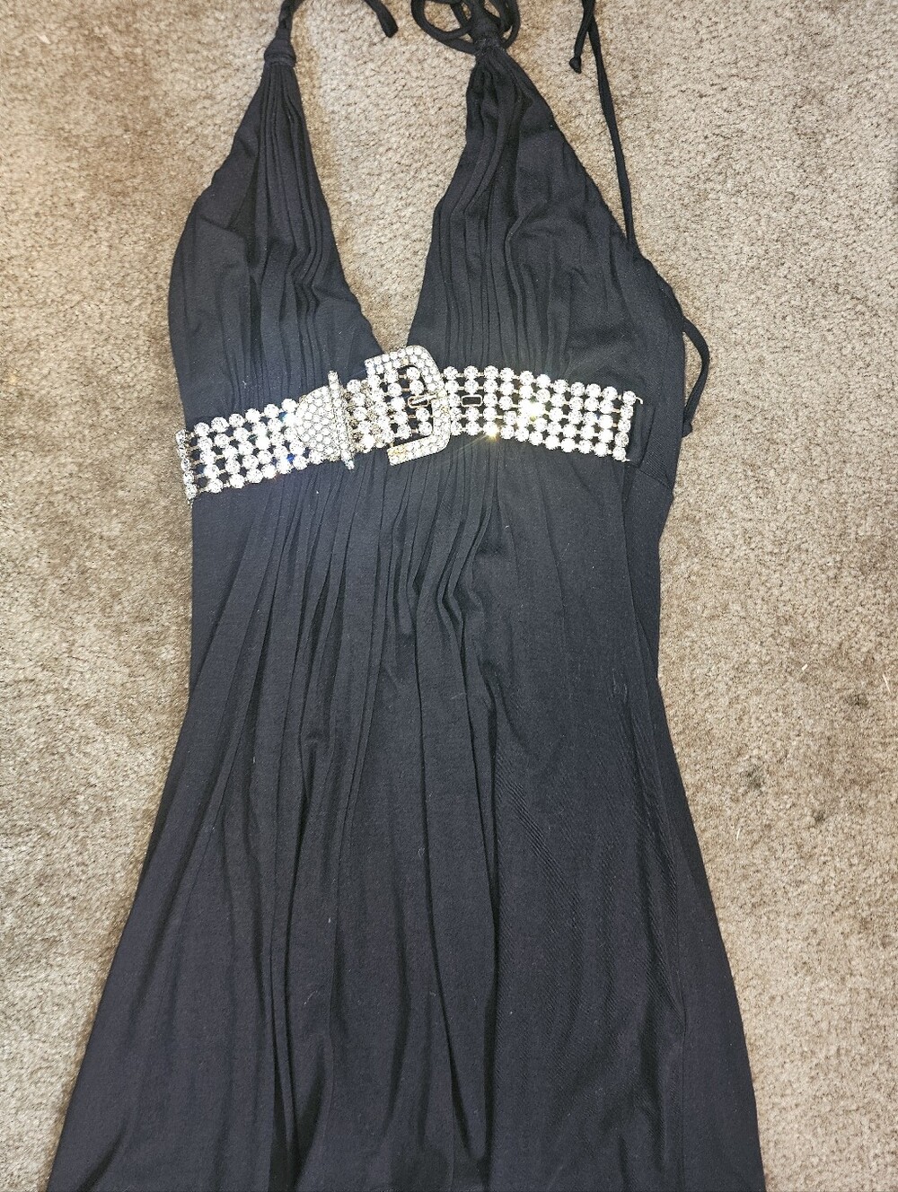 Sky Top Black Halter Evening Dress with Rhinestone Waist Accent